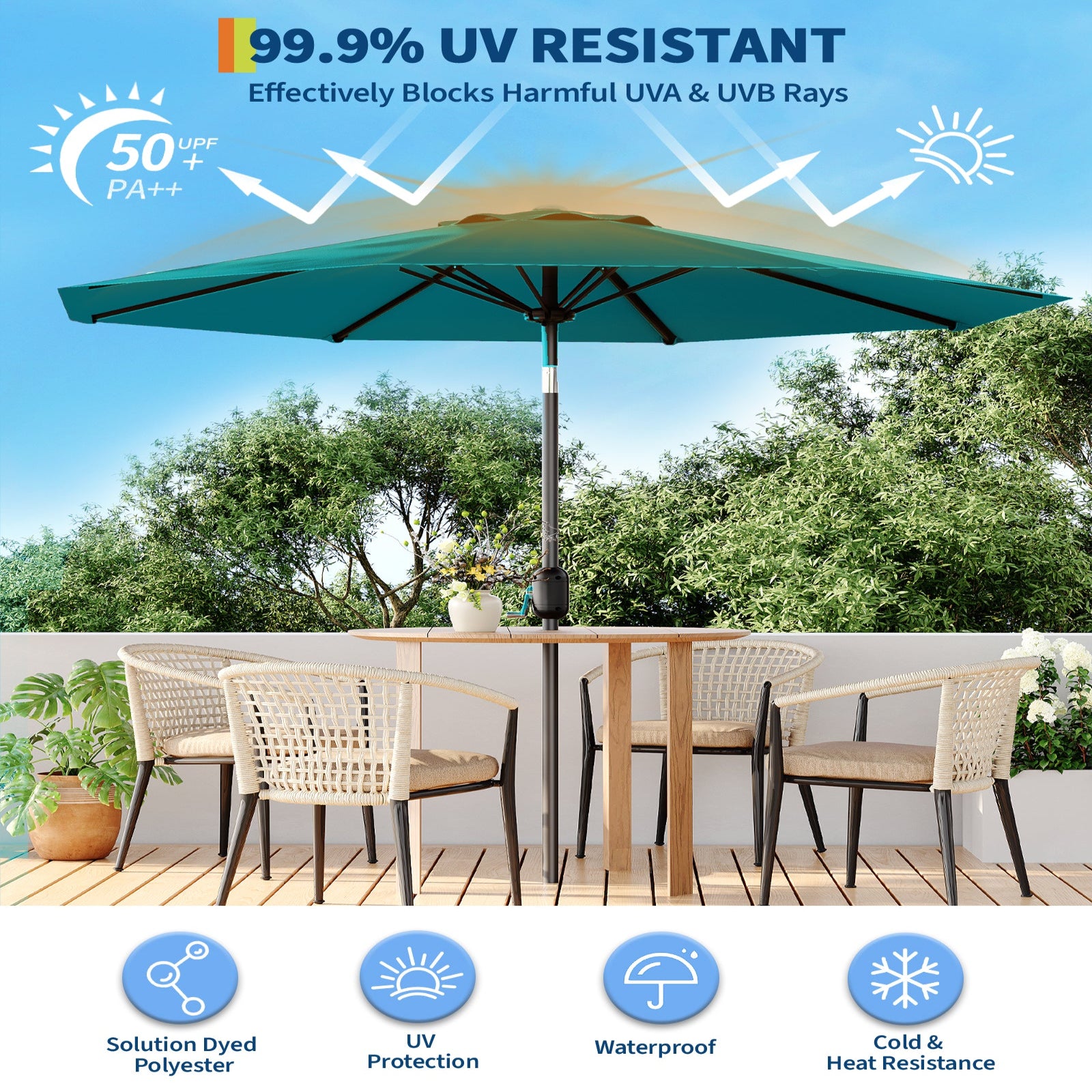 Garvee 10' Patio Umbrella with Crank Lift & Push Button Tilt, Table Umbrella Outdoor Patio 8 Sturdy Ribs for Yard, Deck, Pool, Turquoise