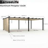 Garvee 12x20 Ft Aluminum Pergola with Adjustable Canopy and Reinforced Frame, Powder-Coated Metal, Waterproof UV-Resistant Canopy, Stable Base, Outdoor Backyard Deck