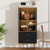 Garvee Kitchen Pantry Cabinet with Glass Door and 2 Drawers, Modern Display Fluted Tall Storage Cabinet with Adjustable Shelves for Collectibles, Living Room, Office, Black - Black