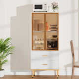 Garvee Kitchen Pantry Cabinet with Glass Door and 2 Drawers, Modern Display Fluted Tall Storage Cabinet with Adjustable Shelves for Collectibles, Living Room, Office, White - White