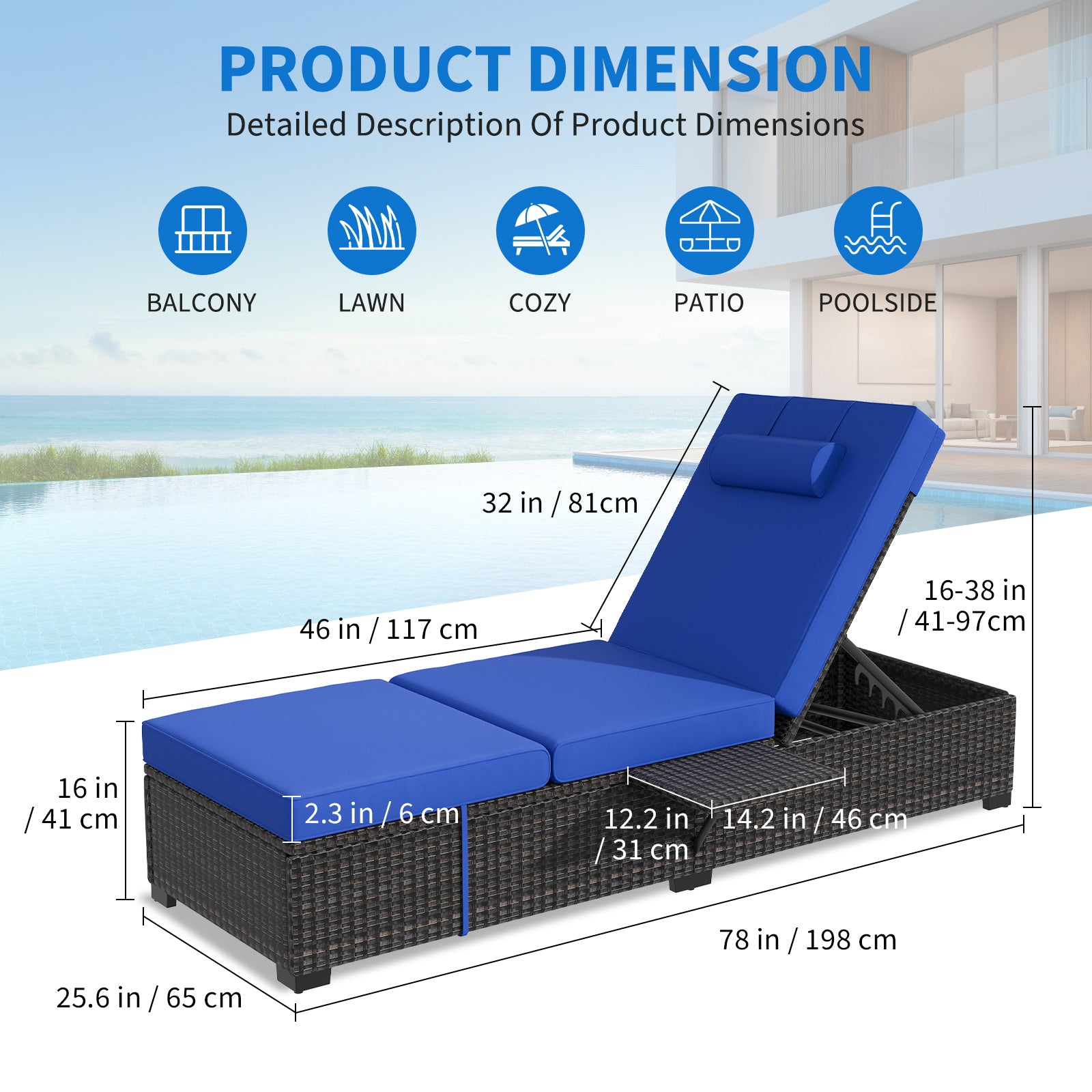 Garvee Set of 2 Outdoor Chaise Lounge Chairs, PE Rattan Recliners with Adjustable Backrest & Side Table, Thick Blue Cushions, All-Weather Steel Frame for Poolside Patio, Brown Rattan
