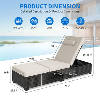 Garvee Set of 2 Outdoor Chaise Lounge Chairs with Side Table, PE Rattan Recliners with 6-Position Backrest & Blue Cushions for Poolside Patio