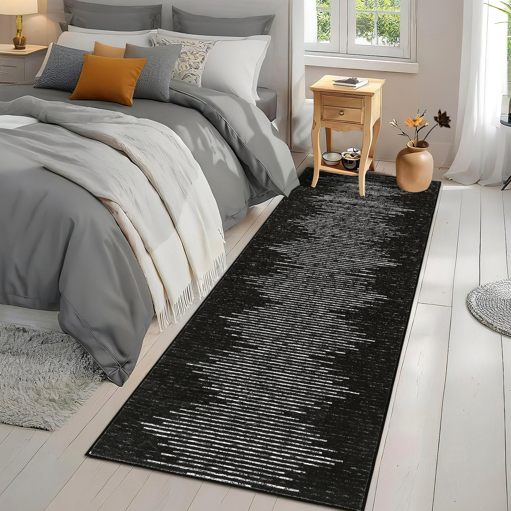 Garvee Washable Runner Rug 2x6 Modern Stripe Geometric Runner, Soft Thin Low Pile Abstract Entryway Rug, Indoor Non Shedding Foldable Floor Carpet, Accent Printed Mat for Hallway, Black-Middle Striped