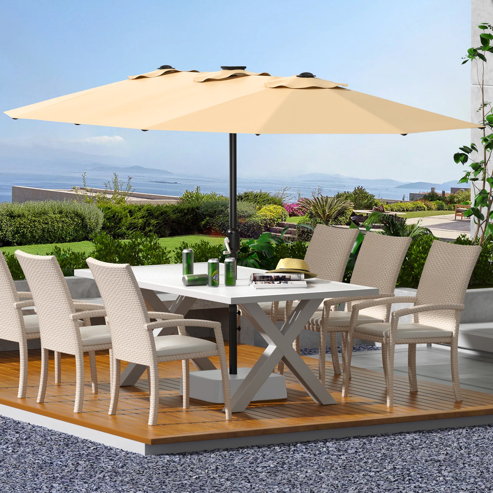 Garvee 13' Double-Sided Umbrella, Outdoor Patio Umbrellas, Rectangle Market Umbrella with Crank Handle, Large Patio Umbrell for Poolside Backyard, Beige