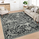Garvee Tiger 5x7 Area Rug Modern Washable Throw Rug, Non-Slip Non-Shedding Botanical Floor Cover for Bedroom, Ultra Thin Stain Resistant Indoor Foldable Carpet for Office Dining Room, Black - Black
