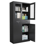 Garvee 71" Metal Storage Cabinet with Glass Doors, Locking Glass Door Cabinet with 2 Adjustable Shelves and 4 Doors for Office, Home, School, Living Room, Black