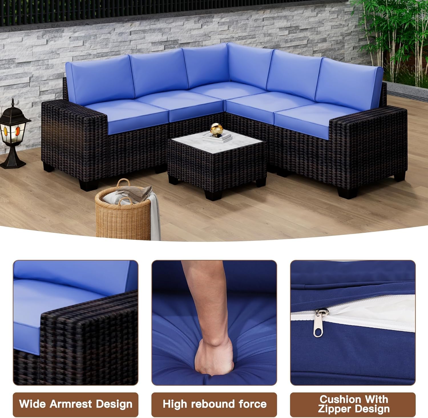 Garvee 6-Piece Modular Outdoor Sectional Sofa Set, PE Rattan All-Weather Patio Furniture with Coffee Table, Thickened Cushions & UV-Resistant Design for Backyard, Poolside, Balcony