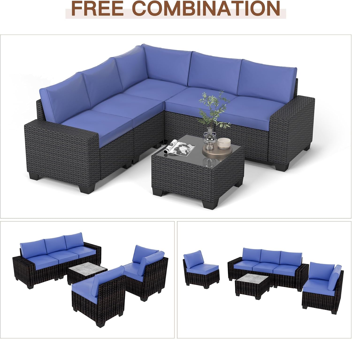 Garvee 6-Piece Modular Outdoor Sectional Sofa Set, PE Rattan All-Weather Patio Furniture with Coffee Table, Thickened Cushions & UV-Resistant Design for Backyard, Poolside, Balcony