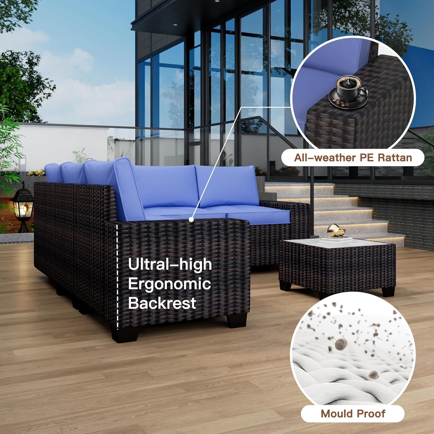 Garvee 6-Piece Modular Outdoor Sectional Sofa Set, PE Rattan All-Weather Patio Furniture with Coffee Table, Thickened Cushions & UV-Resistant Design for Backyard, Poolside, Balcony