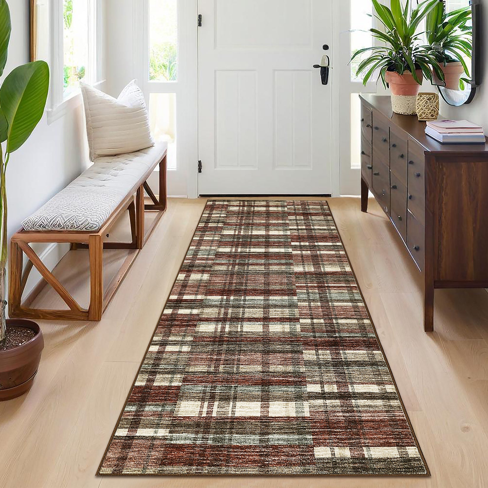 Garvee Modern Hallway Rugs 2x6 Washable Plaid Accent Carpet with Non-Slip Backing, Stain-Resistant Low Pile Indoor Mat, Farmhouse Floor Cover for Laundry, Bedroom, Red