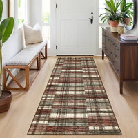 Garvee Modern Hallway Rugs 2x6 Washable Plaid Accent Carpet with Non-Slip Backing, Stain-Resistant Low Pile Indoor Mat, Farmhouse Floor Cover for Laundry, Bedroom, Red
