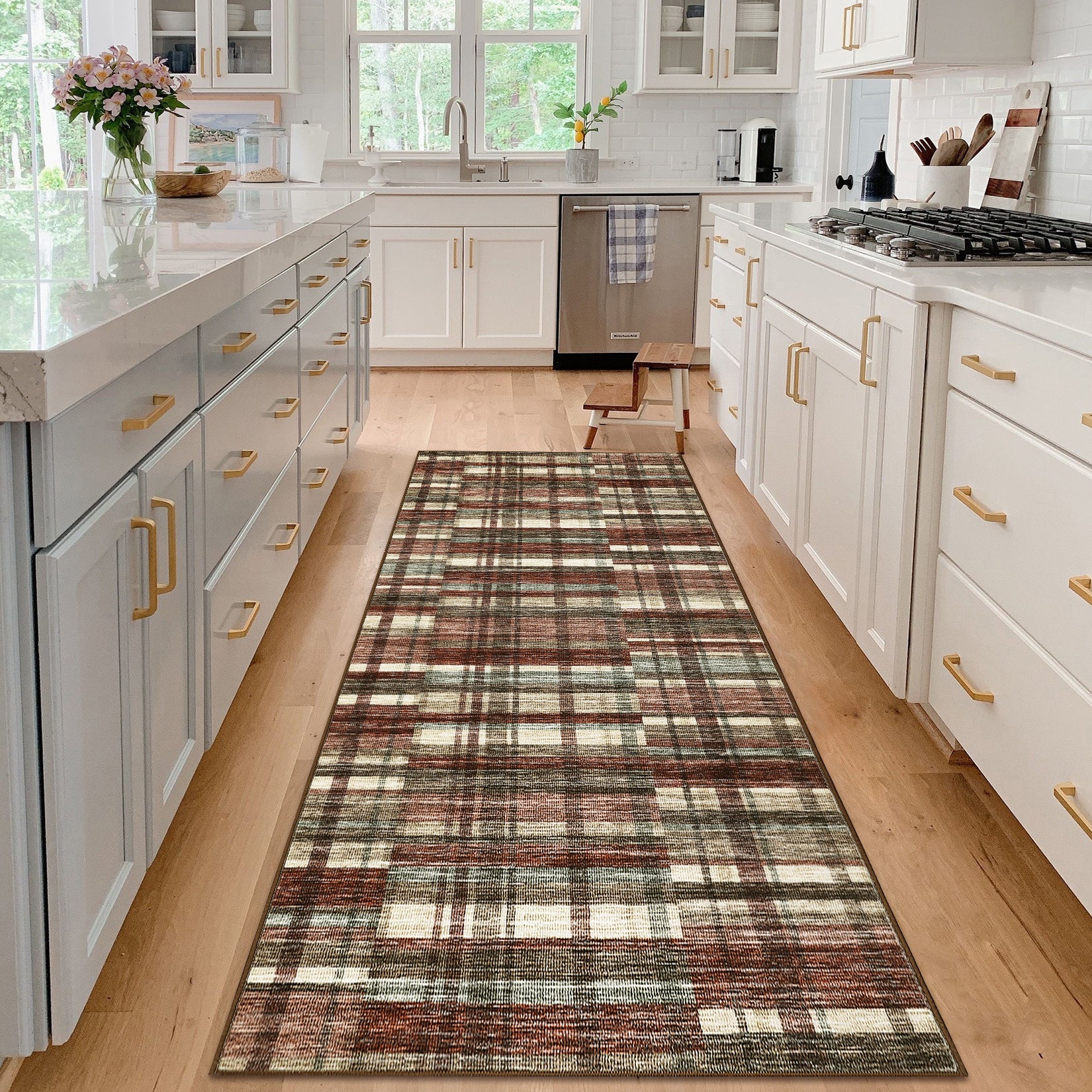 Garvee Modern Hallway Rugs 2x6 Washable Plaid Accent Carpet with Non-Slip Backing, Stain-Resistant Low Pile Indoor Mat, Farmhouse Floor Cover for Laundry, Bedroom, Red