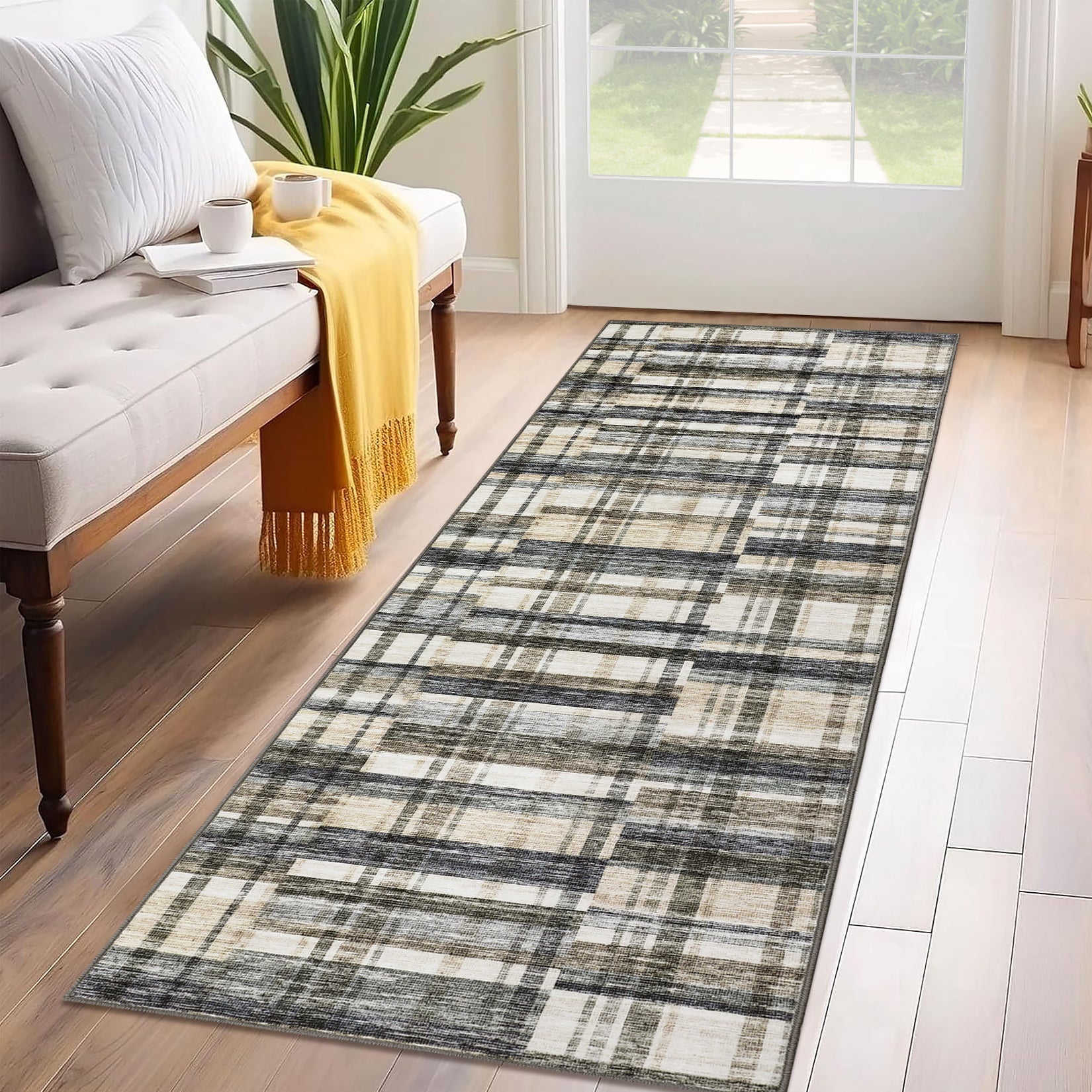 Garvee Modern Hallway Rugs 2x6 Washable Plaid Accent Carpet with Non-Slip Backing, Stain-Resistant Low Pile Indoor Mat, Farmhouse Floor Cover for Laundry, Bedroom