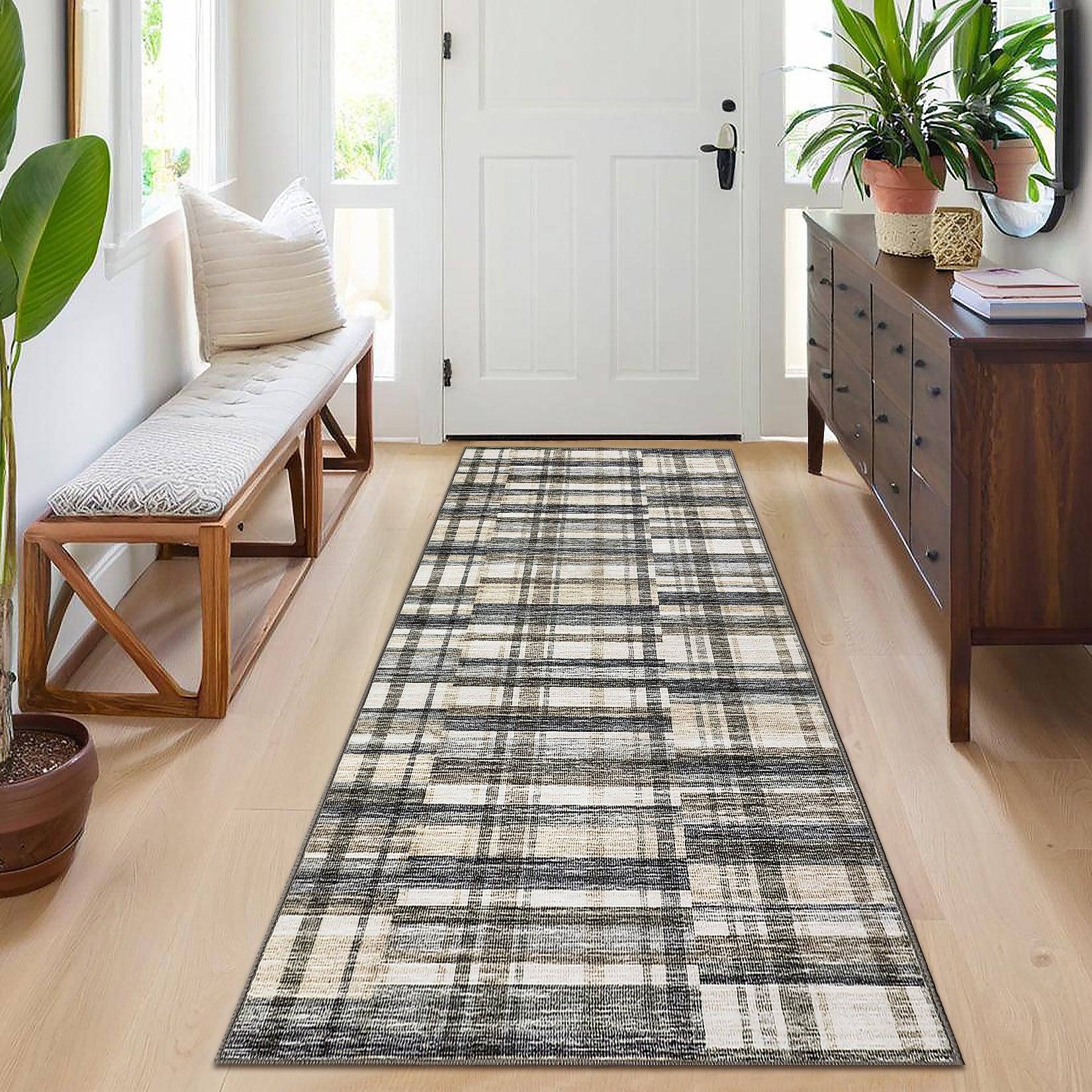 Garvee Modern Hallway Rugs 2x6 Washable Plaid Accent Carpet with Non-Slip Backing, Stain-Resistant Low Pile Indoor Mat, Farmhouse Floor Cover for Laundry, Bedroom