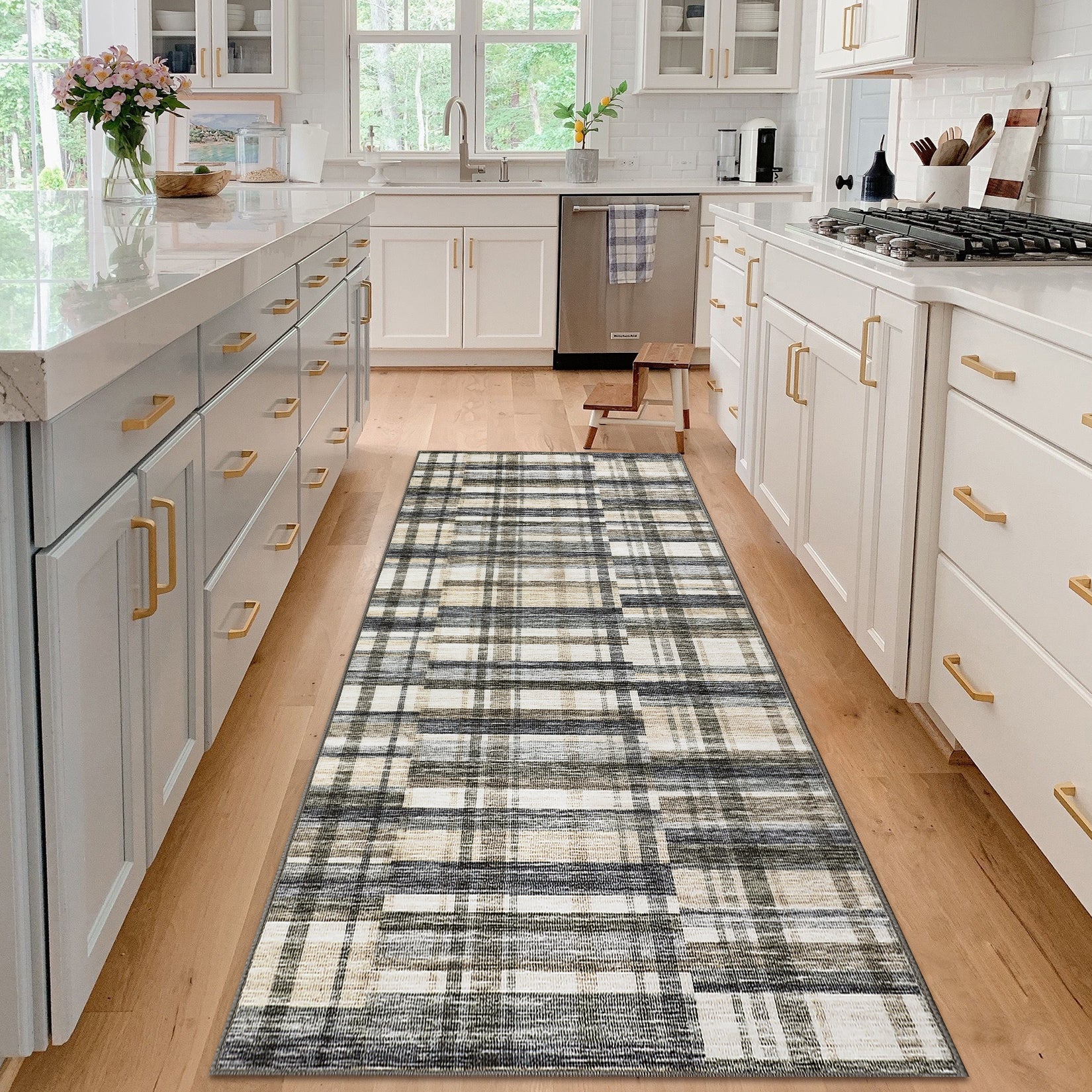 Garvee Modern Hallway Rugs 2x6 Washable Plaid Accent Carpet with Non-Slip Backing, Stain-Resistant Low Pile Indoor Mat, Farmhouse Floor Cover for Laundry, Bedroom