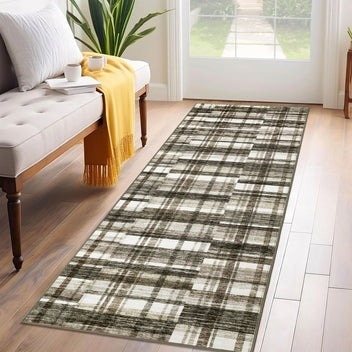 Garvee Modern Hallway Rugs 2x6 Washable Plaid Accent Carpet with Non-Slip Backing, Stain-Resistant Low Pile Indoor Mat, Farmhouse Floor Cover for Laundry, Bedroom