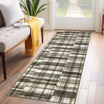 Garvee Modern Hallway Rugs 2x6 Washable Plaid Accent Carpet with Non-Slip Backing, Stain-Resistant Low Pile Indoor Mat, Farmhouse Floor Cover for Laundry, Bedroom