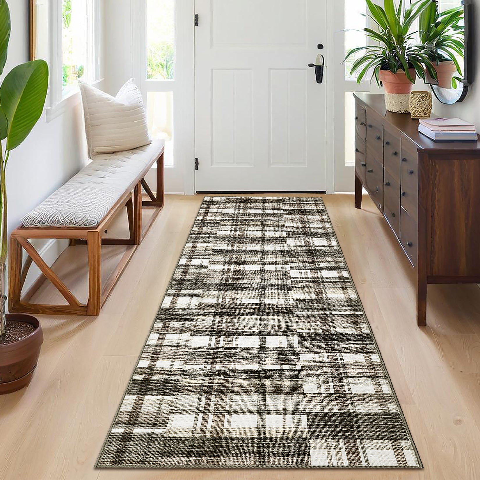 Garvee Modern Hallway Rugs 2x6 Washable Plaid Accent Carpet with Non-Slip Backing, Stain-Resistant Low Pile Indoor Mat, Farmhouse Floor Cover for Laundry, Bedroom