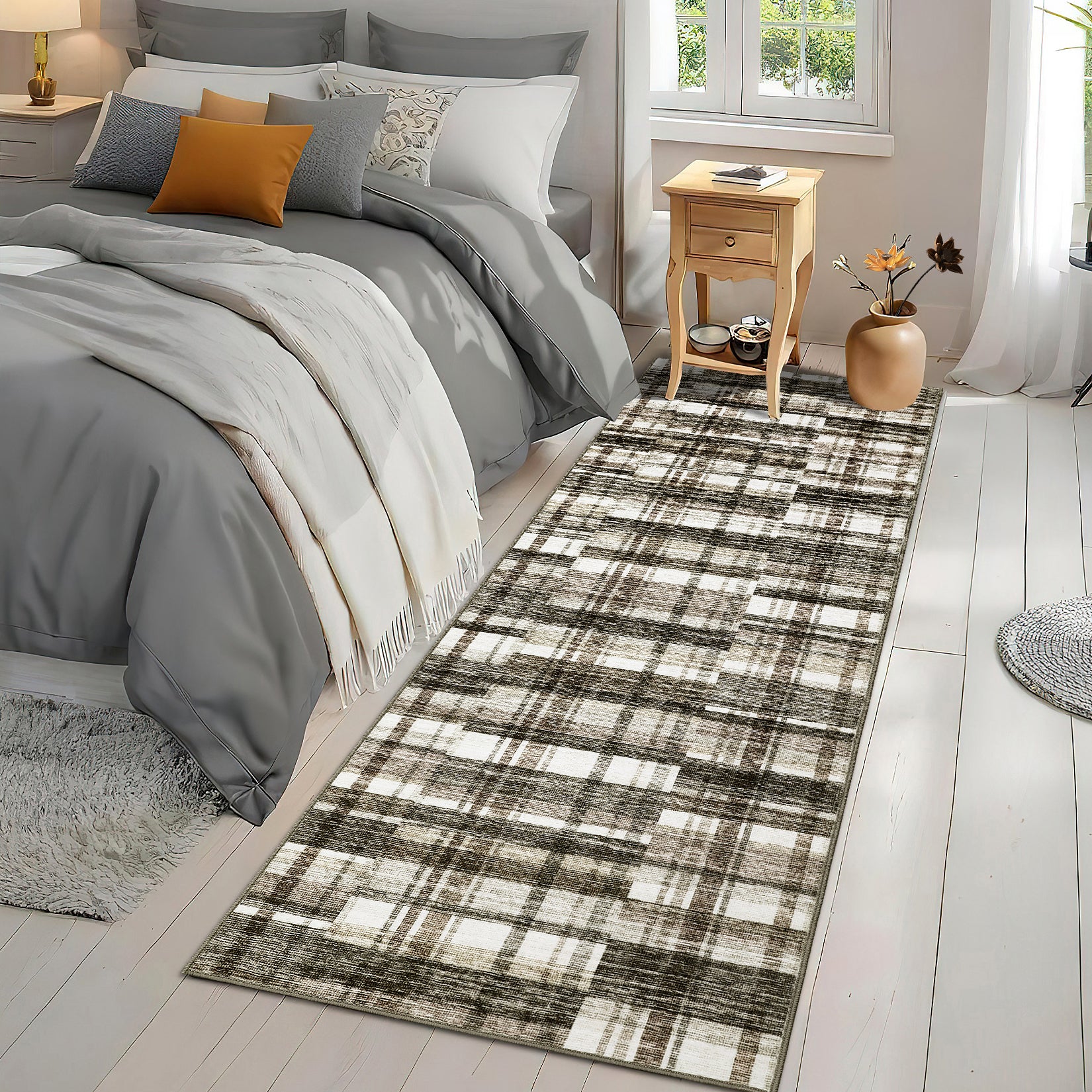 Garvee Modern Hallway Rugs 2x6 Washable Plaid Accent Carpet with Non-Slip Backing, Stain-Resistant Low Pile Indoor Mat, Farmhouse Floor Cover for Laundry, Bedroom