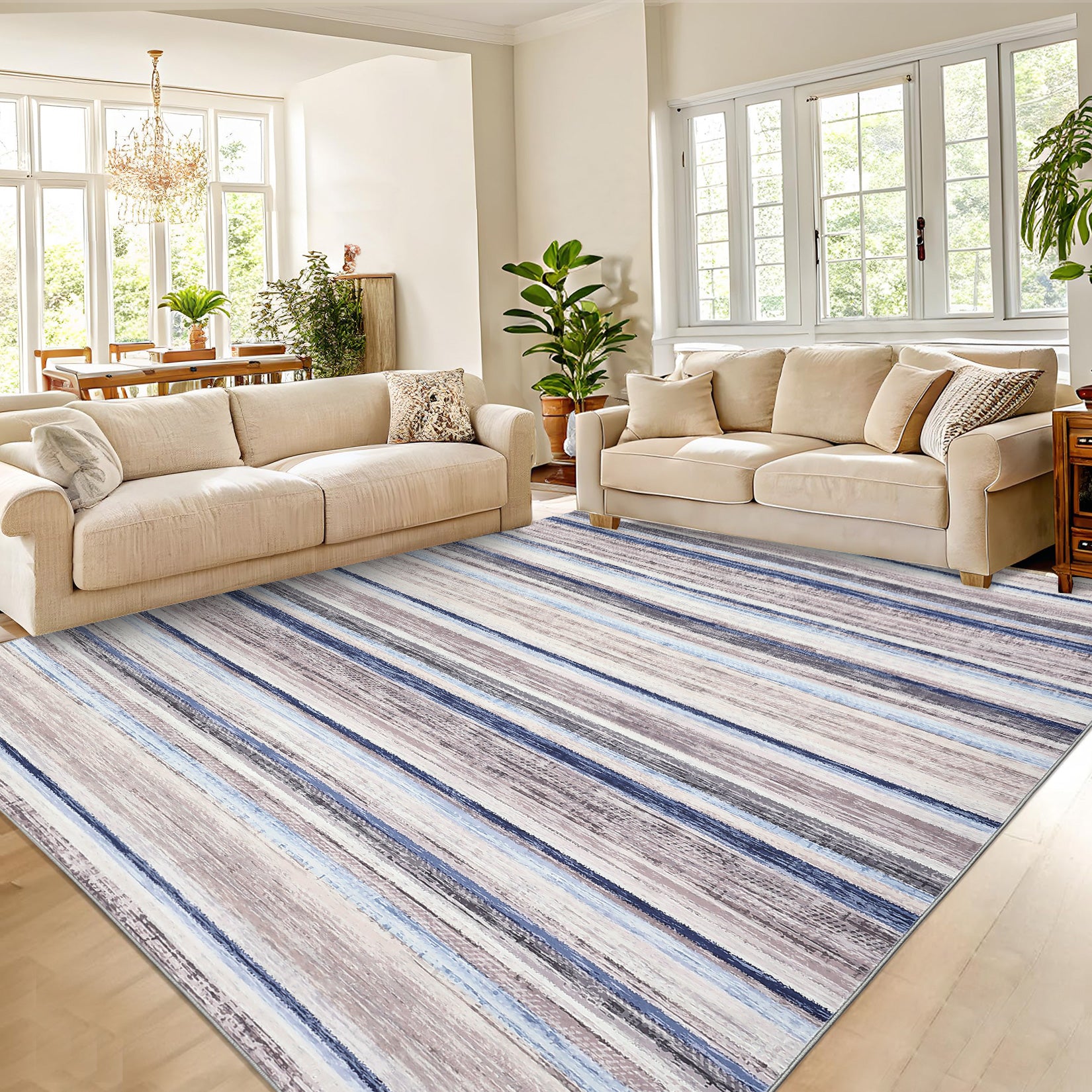 Garvee Washable Area Rug 5x7 Modern Strip Throw Rug with Non-Slip Backing, Stain-Resistant Contemporary Accent Carpet, Soft Low Pile Indoor Mat for Bedroom, Office