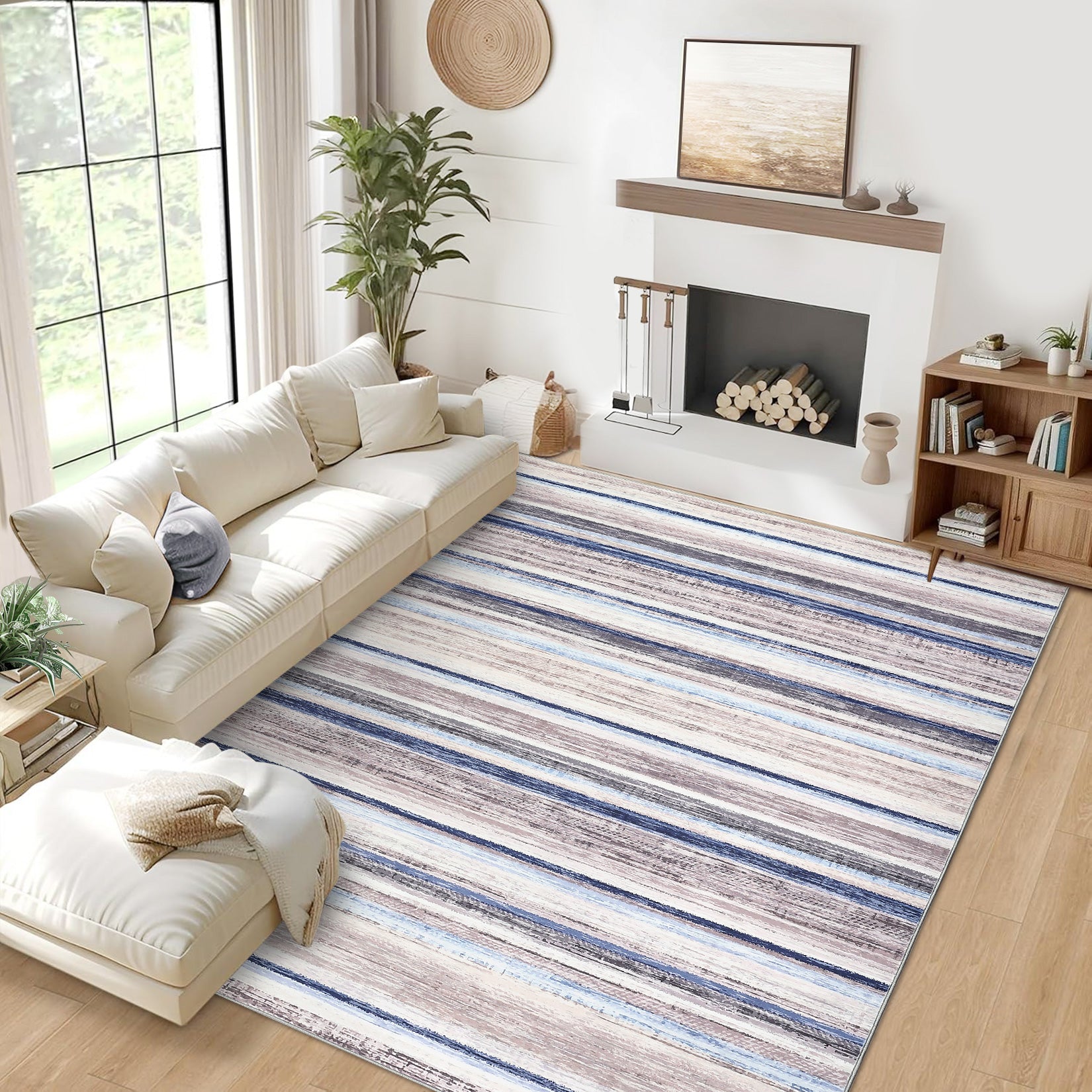 Garvee Washable Area Rug 5x7 Modern Strip Throw Rug with Non-Slip Backing, Stain-Resistant Contemporary Accent Carpet, Soft Low Pile Indoor Mat for Bedroom, Office