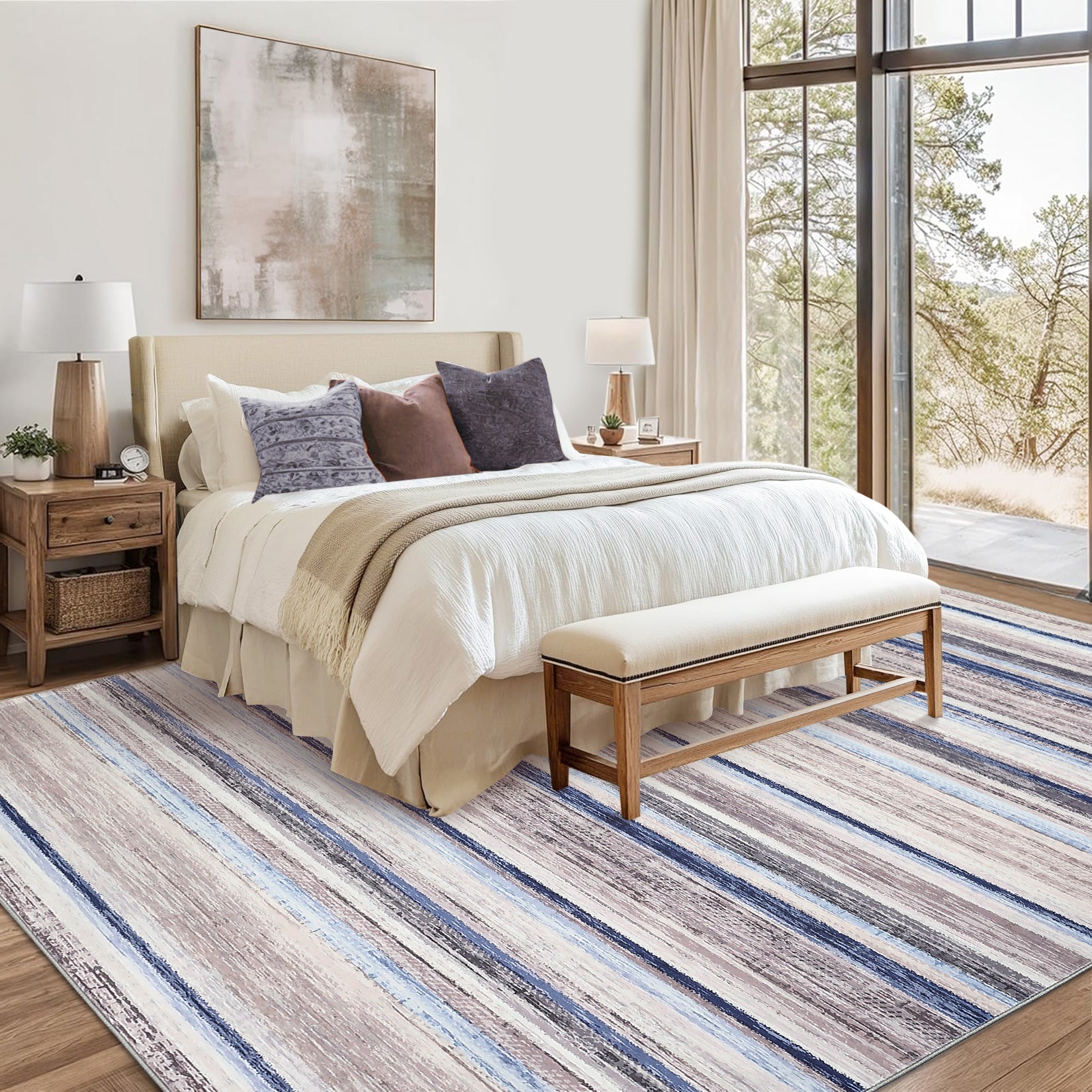 Garvee Area Rug 6x9 Washable Modern Strip Accent Carpet with Non-Slip Backing, Soft Low Pile Floor Cover, Stain-Resistant Contemporary Throw Rug for Bedroom, Office, Blue Camel