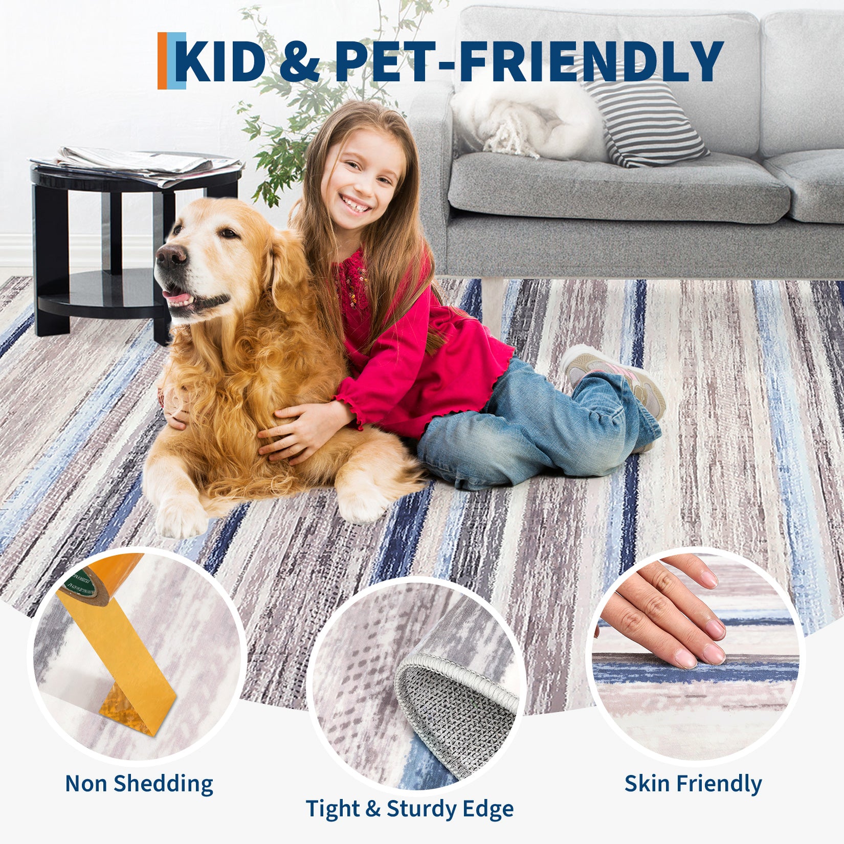 Garvee Washable Area Rug 5x7 Modern Strip Throw Rug with Non-Slip Backing, Stain-Resistant Contemporary Accent Carpet, Soft Low Pile Indoor Mat for Bedroom, Office