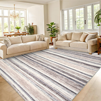 Garvee Large Living Room Rug 10x13 Washable Modern Strip Area Rug with Non-Slip Backing, Stain-Resistant Contemporary Floor Cover, Soft Low Pile Accent Carpet for Bedroom, Camel