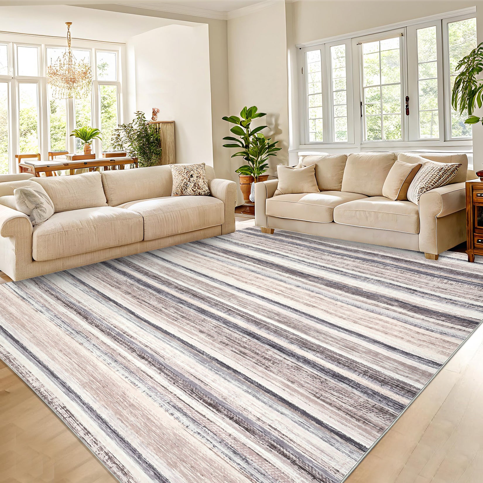 Garvee Large Living Room Rug 10x13 Washable Modern Strip Area Rug with Non-Slip Backing, Stain-Resistant Contemporary Floor Cover, Soft Low Pile Accent Carpet for Bedroom, Camel
