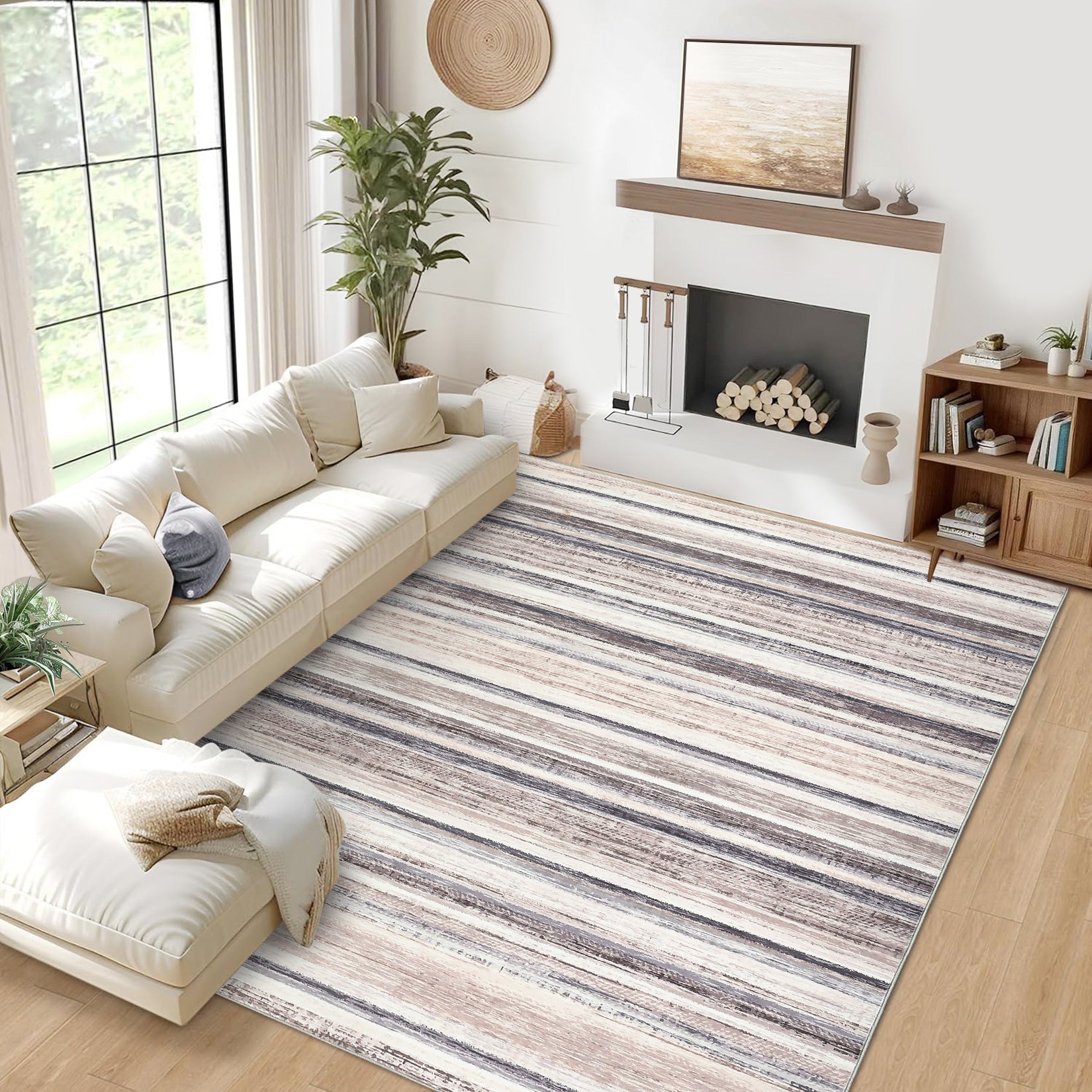 Garvee Large Living Room Rug 10x13 Washable Modern Strip Area Rug with Non-Slip Backing, Stain-Resistant Contemporary Floor Cover, Soft Low Pile Accent Carpet for Bedroom, Camel
