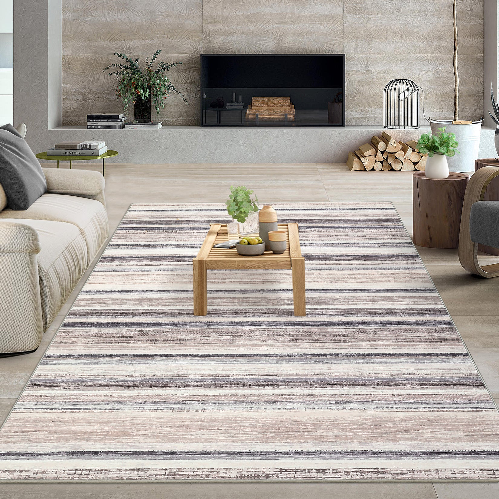 Garvee Large Living Room Rug 10x13 Washable Modern Strip Area Rug with Non-Slip Backing, Stain-Resistant Contemporary Floor Cover, Soft Low Pile Accent Carpet for Bedroom, Camel