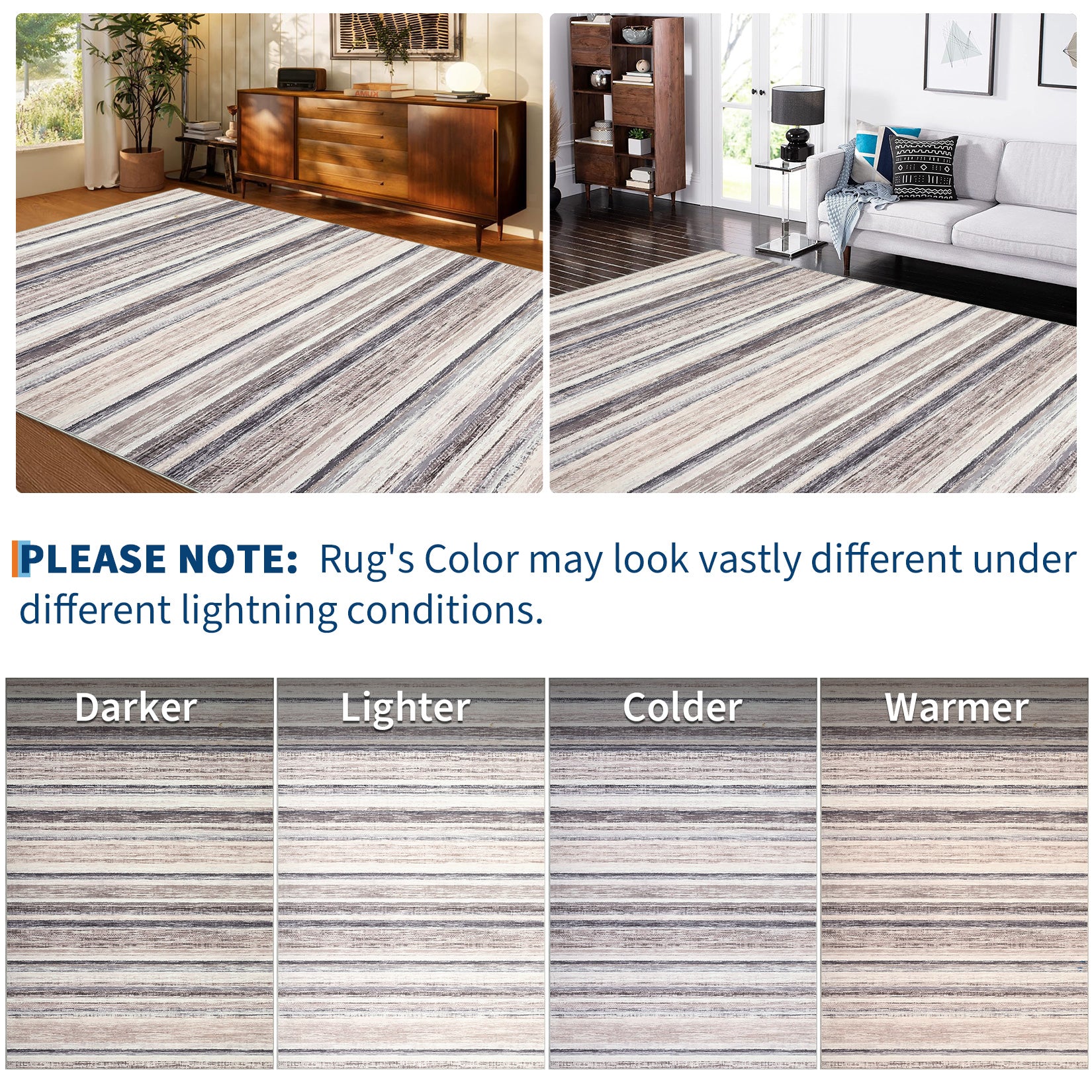 Garvee Large Living Room Rug 10x13 Washable Modern Strip Area Rug with Non-Slip Backing, Stain-Resistant Contemporary Floor Cover, Soft Low Pile Accent Carpet for Bedroom, Camel