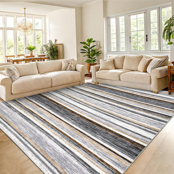Garvee Washable Area Rug 5x7 Modern Strip Throw Rug with Non-Slip Backing, Stain-Resistant Contemporary Accent Carpet, Soft Low Pile Indoor Mat for Bedroom, Office, Grey Brown