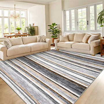 Garvee Washable Area Rug 5x7 Modern Strip Throw Rug with Non-Slip Backing, Stain-Resistant Contemporary Accent Carpet, Soft Low Pile Indoor Mat for Bedroom, Office, Grey Brown