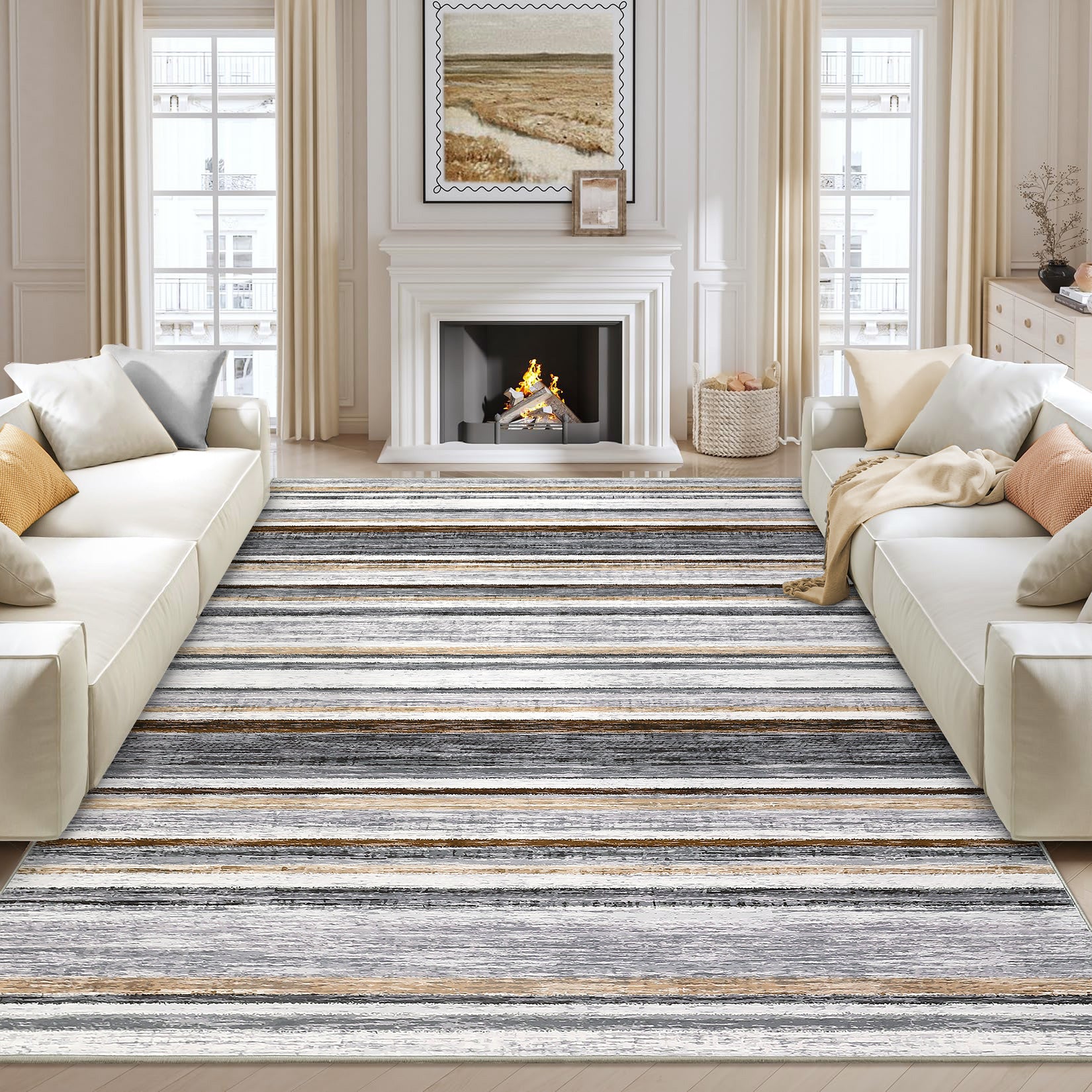 Garvee Washable Area Rug 5x7 Modern Strip Throw Rug with Non-Slip Backing, Stain-Resistant Contemporary Accent Carpet, Soft Low Pile Indoor Mat for Bedroom, Office, Grey Brown