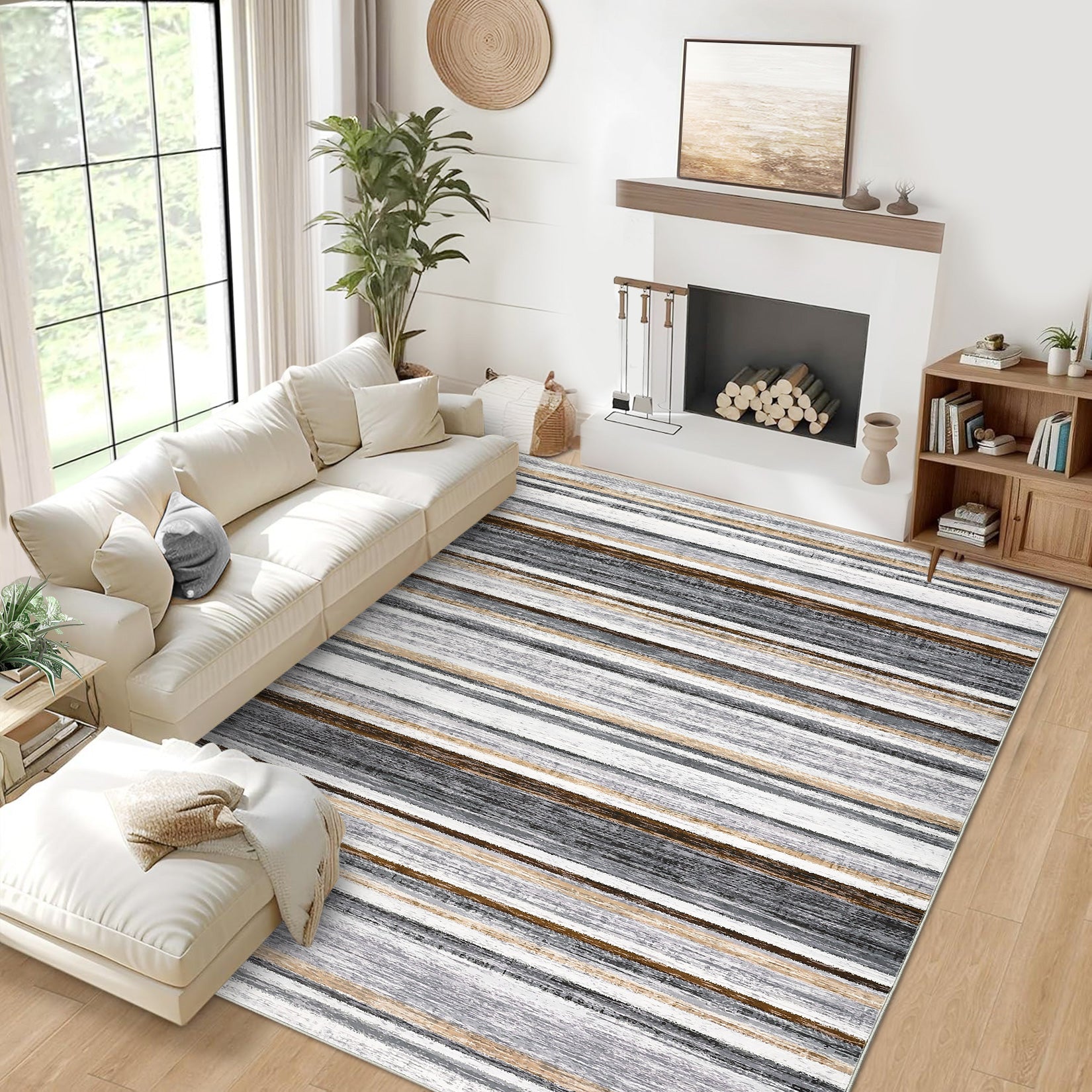 Garvee Washable Area Rug 5x7 Modern Strip Throw Rug with Non-Slip Backing, Stain-Resistant Contemporary Accent Carpet, Soft Low Pile Indoor Mat for Bedroom, Office, Grey Brown