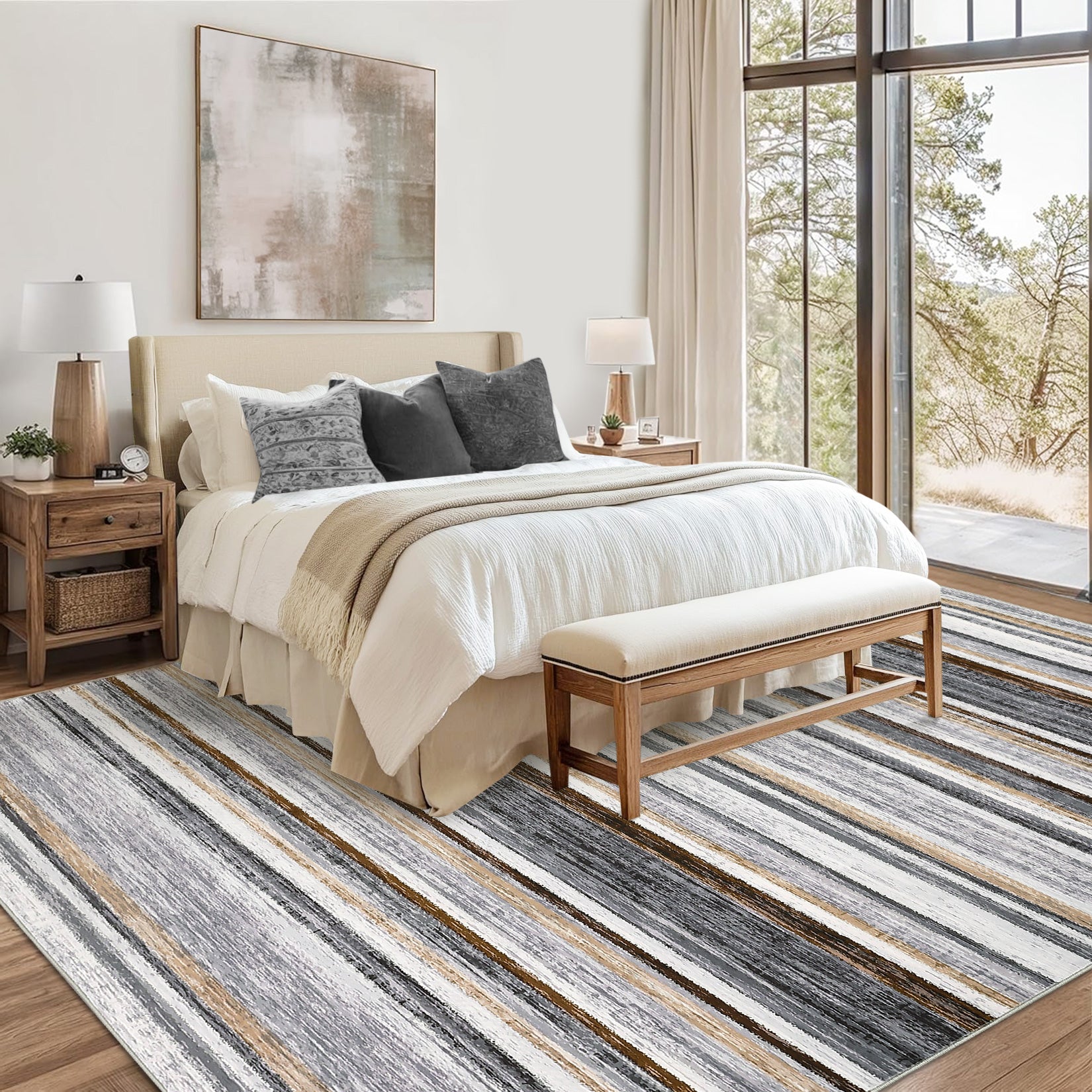 Garvee Washable Area Rug 5x7 Modern Strip Throw Rug with Non-Slip Backing, Stain-Resistant Contemporary Accent Carpet, Soft Low Pile Indoor Mat for Bedroom, Office, Grey Brown