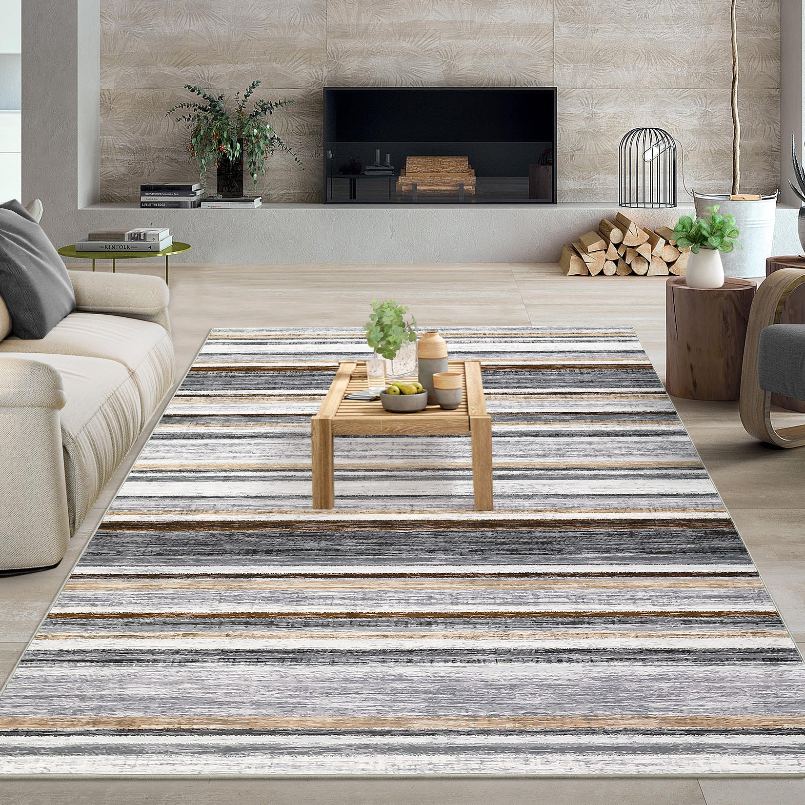 Garvee Washable Area Rug 5x7 Modern Strip Throw Rug with Non-Slip Backing, Stain-Resistant Contemporary Accent Carpet, Soft Low Pile Indoor Mat for Bedroom, Office, Grey Brown