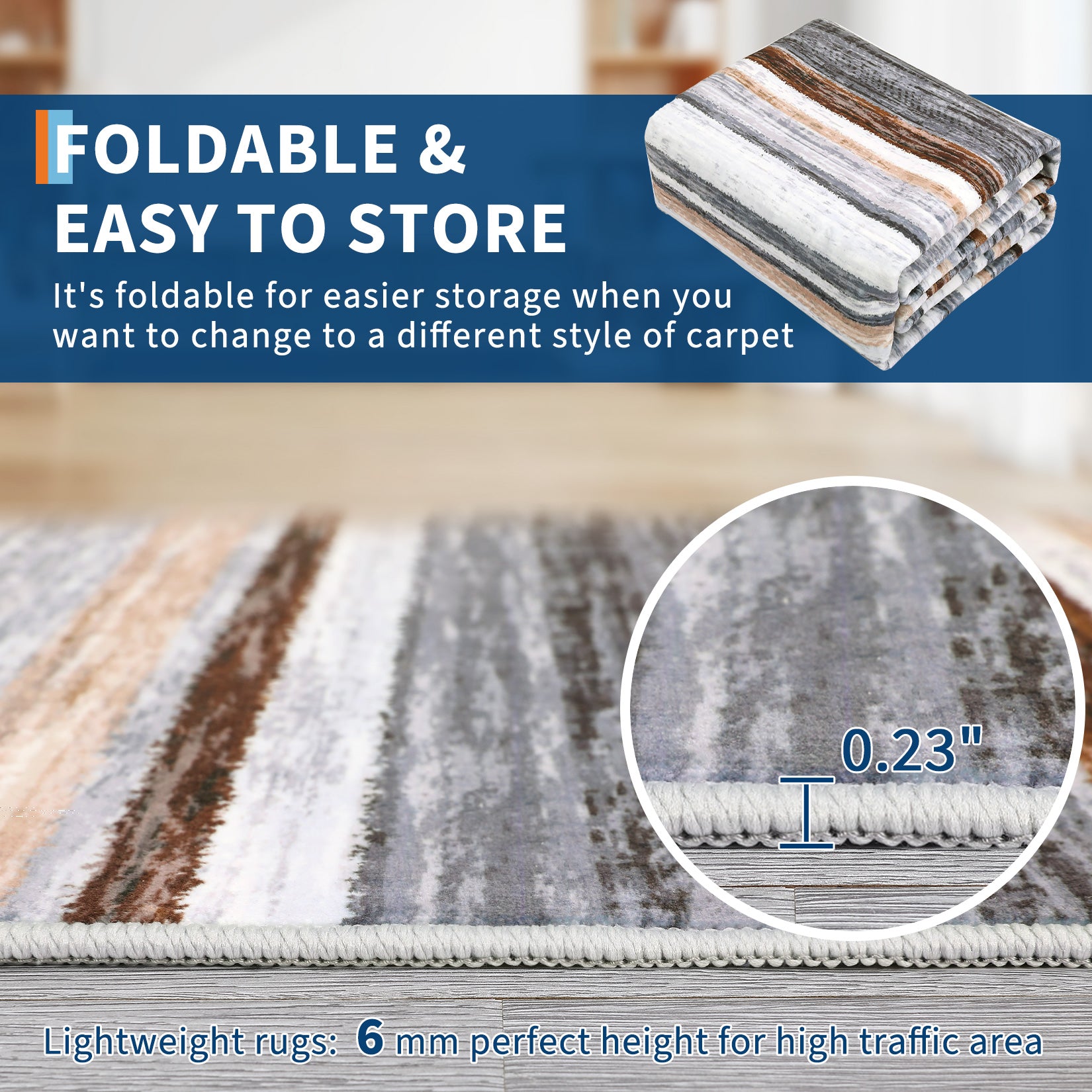 Garvee Washable Area Rug 5x7 Modern Strip Throw Rug with Non-Slip Backing, Stain-Resistant Contemporary Accent Carpet, Soft Low Pile Indoor Mat for Bedroom, Office, Grey Brown