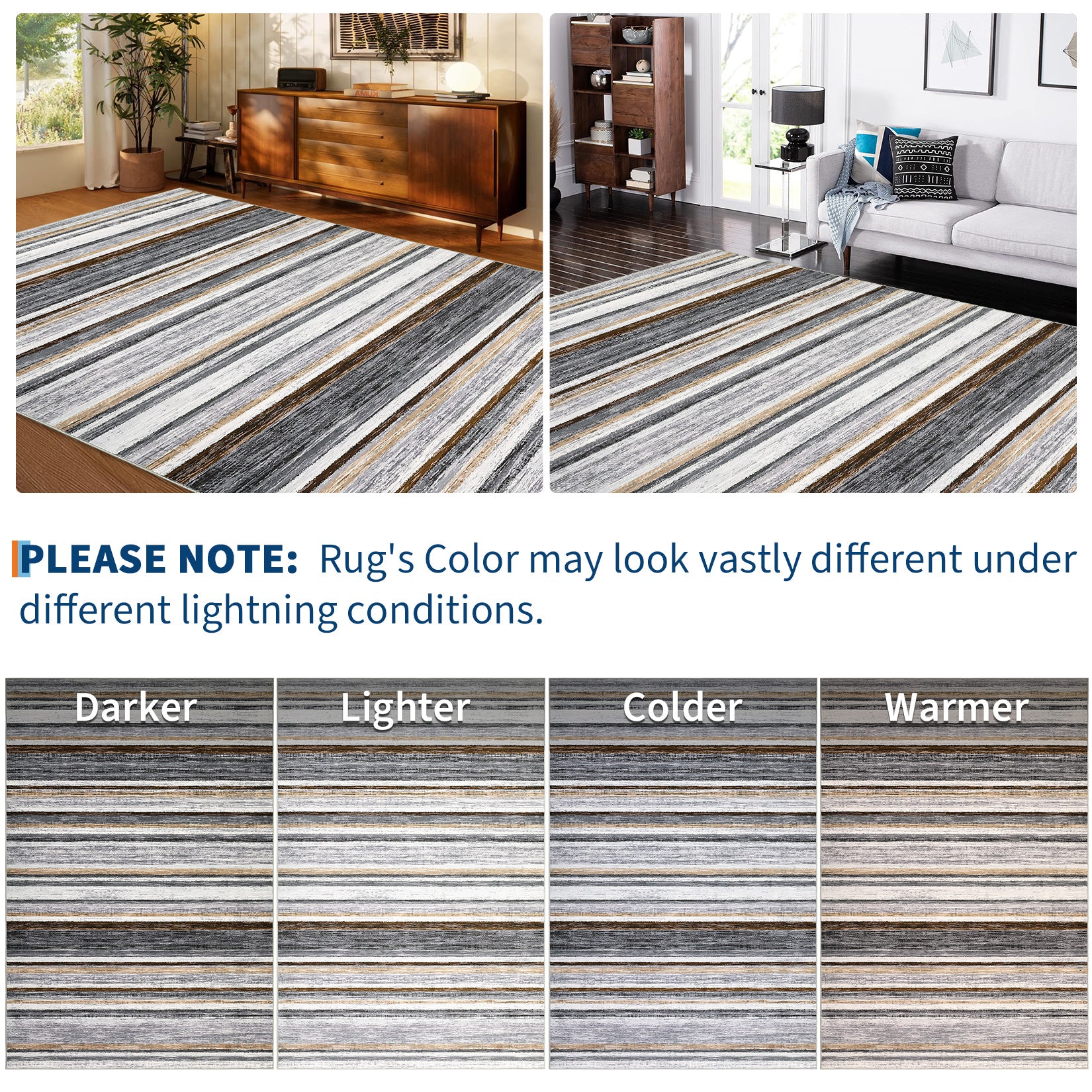 Garvee Washable Area Rug 5x7 Modern Strip Throw Rug with Non-Slip Backing, Stain-Resistant Contemporary Accent Carpet, Soft Low Pile Indoor Mat for Bedroom, Office, Grey Brown