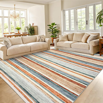 Garvee Washable Living Room Rug 8x10 Large Modern Strip Accent Carpet with Non-Slip Backing, Soft Low Pile Area Rug, Stain-Resistant Contemporary Floor Mat for Dining Room, Green Camel