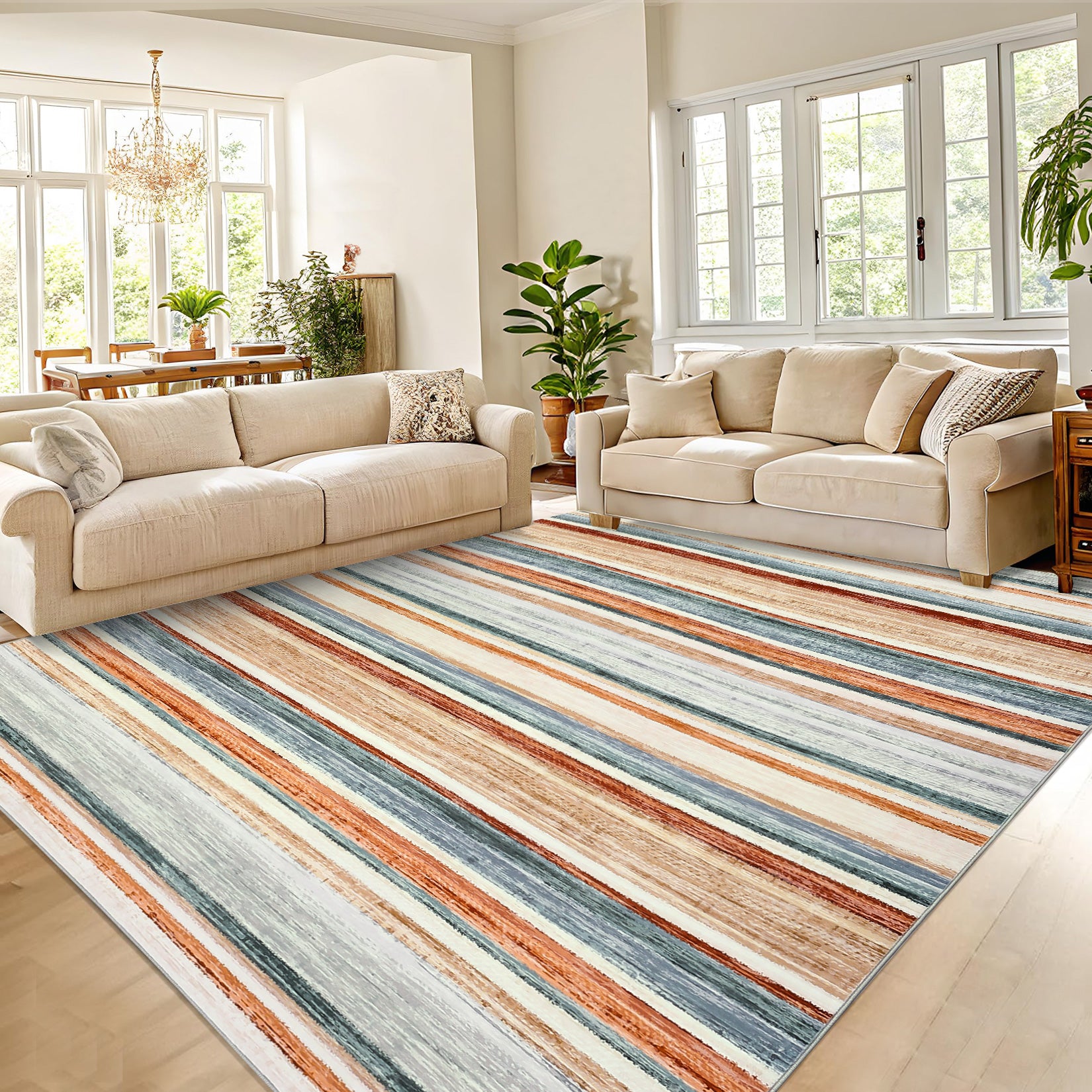 Garvee Washable Living Room Rug 8x10 Large Modern Strip Accent Carpet with Non-Slip Backing, Soft Low Pile Area Rug, Stain-Resistant Contemporary Floor Mat for Dining Room, Green Camel
