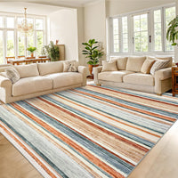 Garvee Washable Living Room Rug 8x10 Large Modern Strip Accent Carpet with Non-Slip Backing, Soft Low Pile Area Rug, Stain-Resistant Contemporary Floor Mat for Dining Room, Green Camel