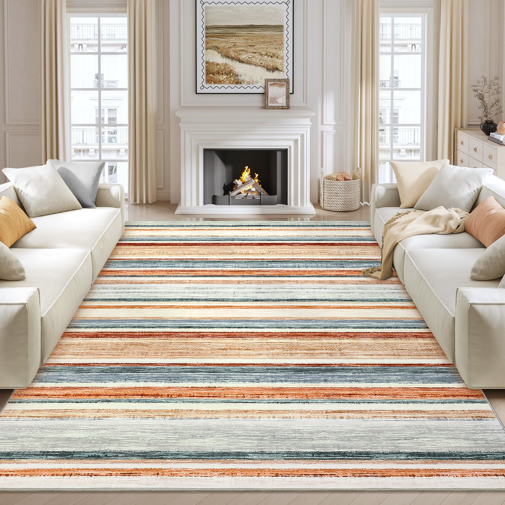 Garvee Washable Area Rug Green Multi 5x7 Modern Strip Throw Rug with Non-Slip Backing, Stain-Resistant Contemporary Accent Carpet, Soft Low Pile Indoor Mat for Bedroom, Office