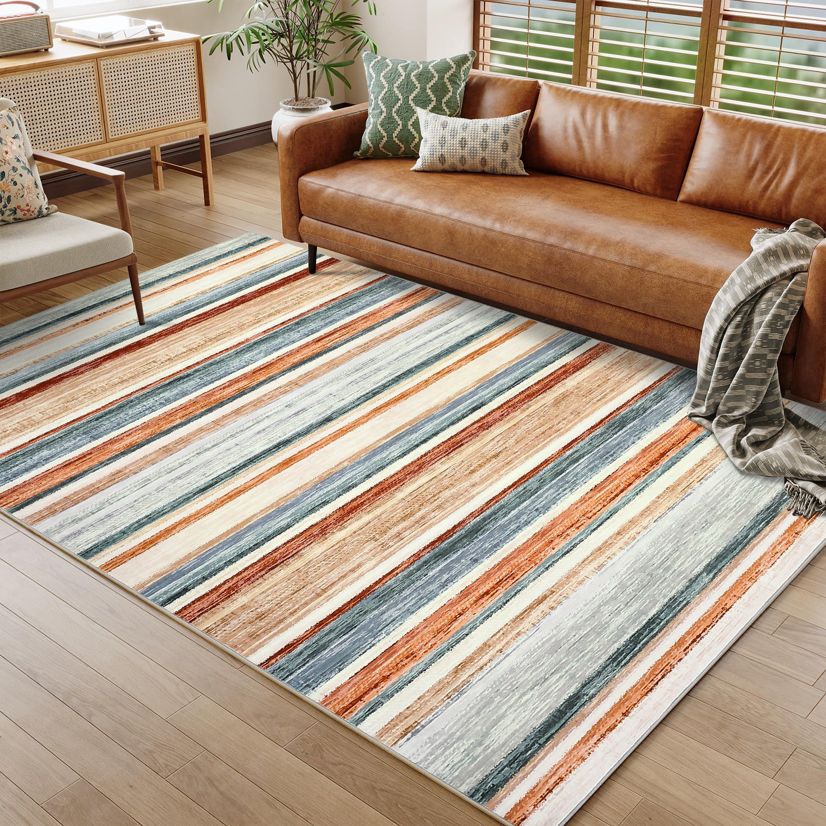 Garvee Washable Living Room Rug 8x10 Large Modern Strip Accent Carpet with Non-Slip Backing, Soft Low Pile Area Rug, Stain-Resistant Contemporary Floor Mat for Dining Room, Green Camel