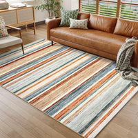 Garvee Washable Living Room Rug 8x10 Large Modern Strip Accent Carpet with Non-Slip Backing, Soft Low Pile Area Rug, Stain-Resistant Contemporary Floor Mat for Dining Room, Green Camel