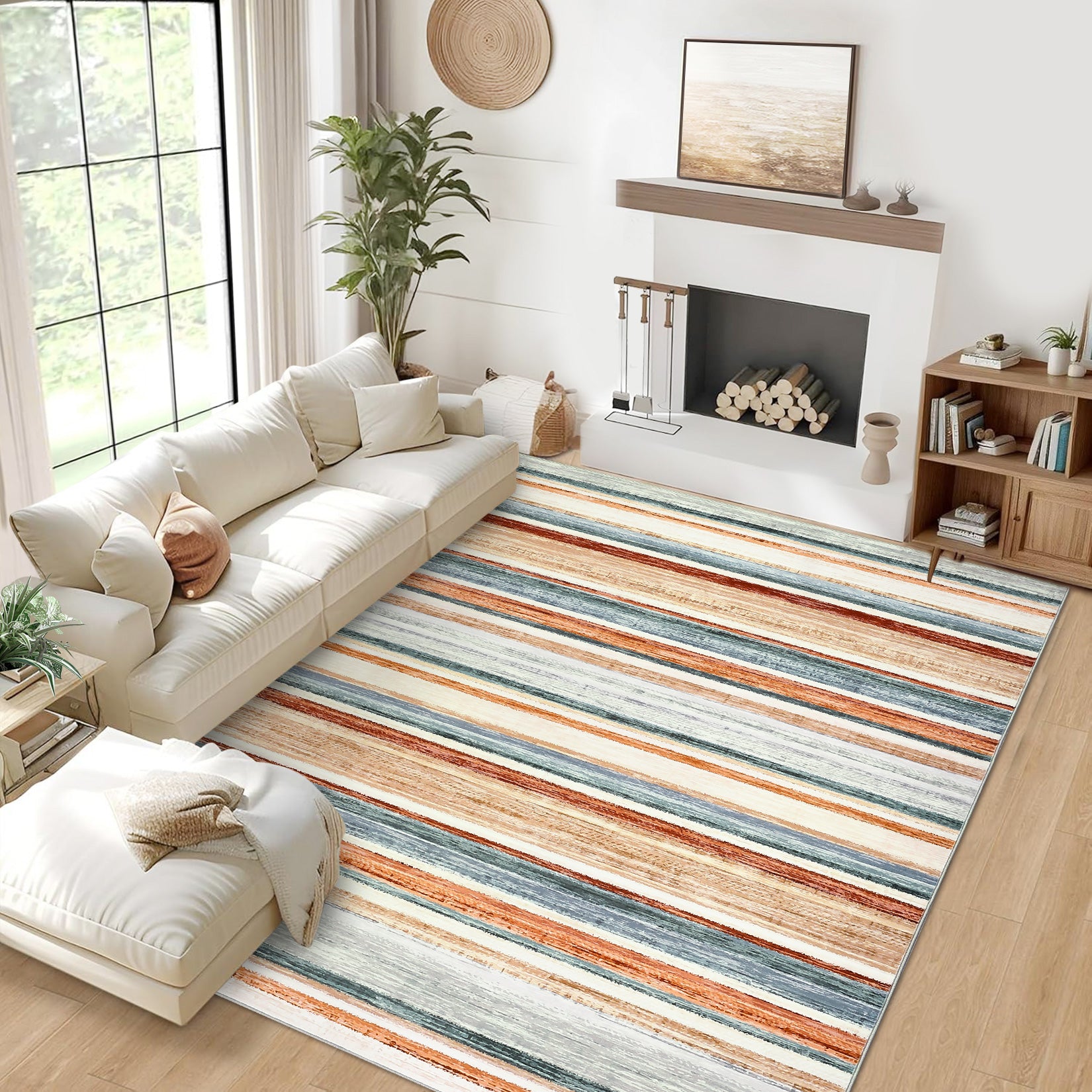 Garvee Washable Living Room Rug 8x10 Large Modern Strip Accent Carpet with Non-Slip Backing, Soft Low Pile Area Rug, Stain-Resistant Contemporary Floor Mat for Dining Room, Green Camel