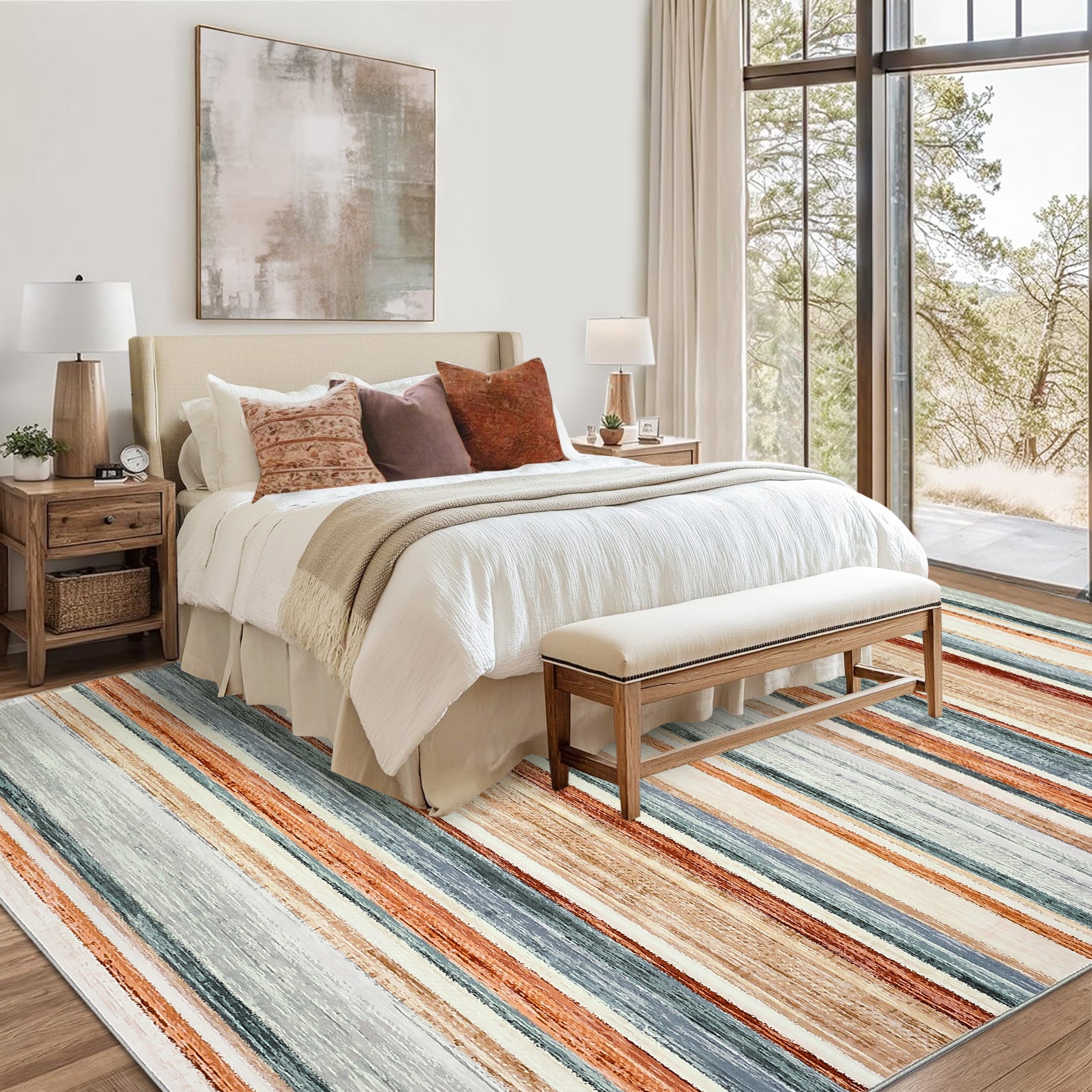 Garvee Washable Area Rug Green Multi 5x7 Modern Strip Throw Rug with Non-Slip Backing, Stain-Resistant Contemporary Accent Carpet, Soft Low Pile Indoor Mat for Bedroom, Office