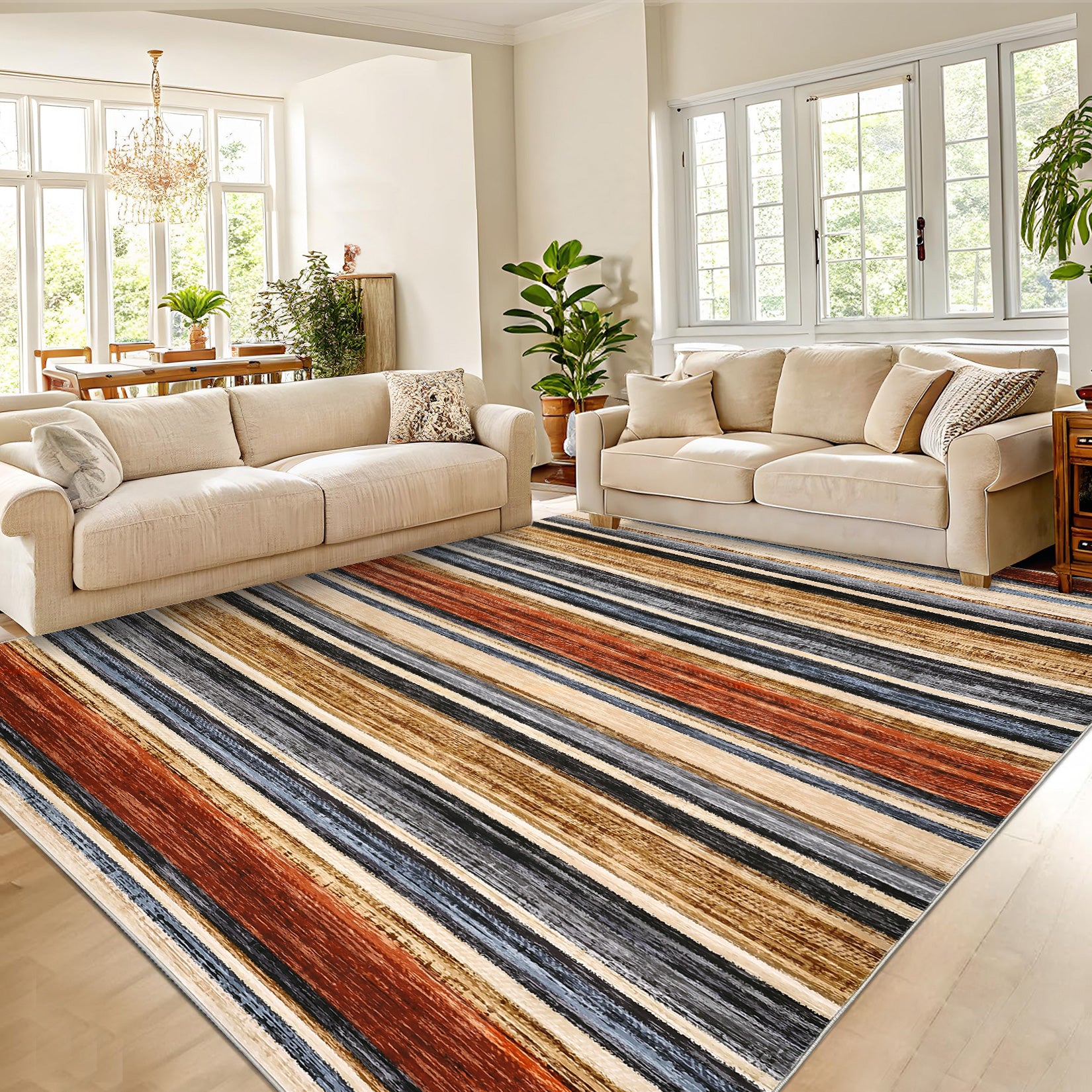 Garvee Washable Area Rug 5x7 Modern Strip Throw Rug with Non-Slip Backing, Stain-Resistant Contemporary Accent Carpet, Soft Low Pile Indoor Mat for Bedroom, Office, Colorful