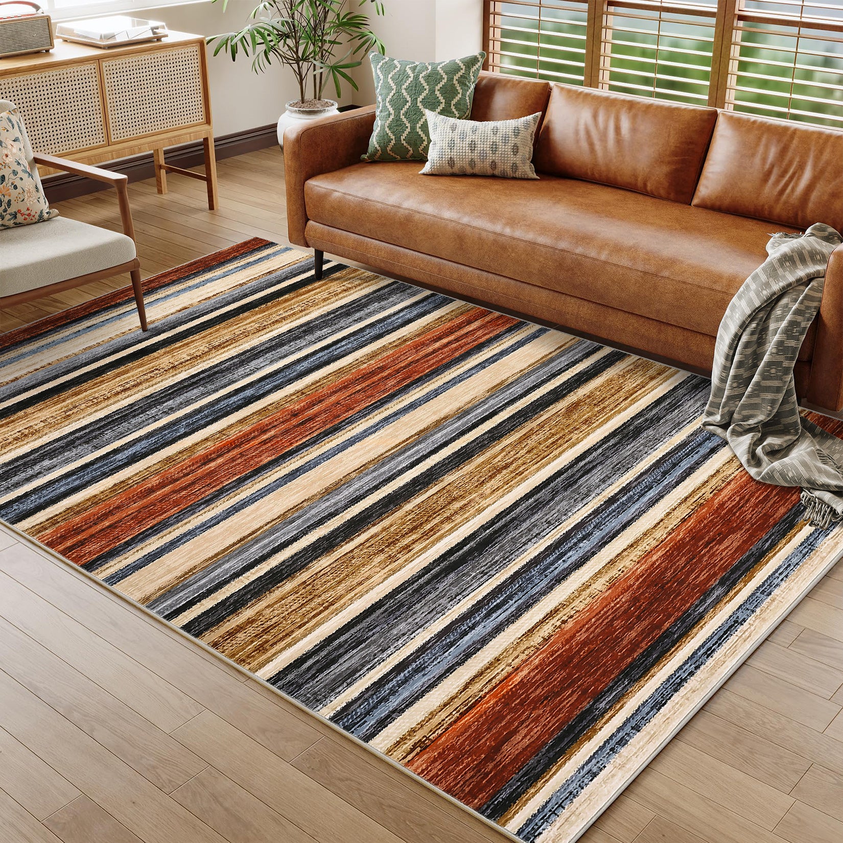 Garvee Large Living Room Rug 10x13 Washable Modern Strip Area Rug with Non-Slip Backing, Stain-Resistant Contemporary Floor Cover, Soft Low Pile Accent Carpet for Bedroom, Colorful